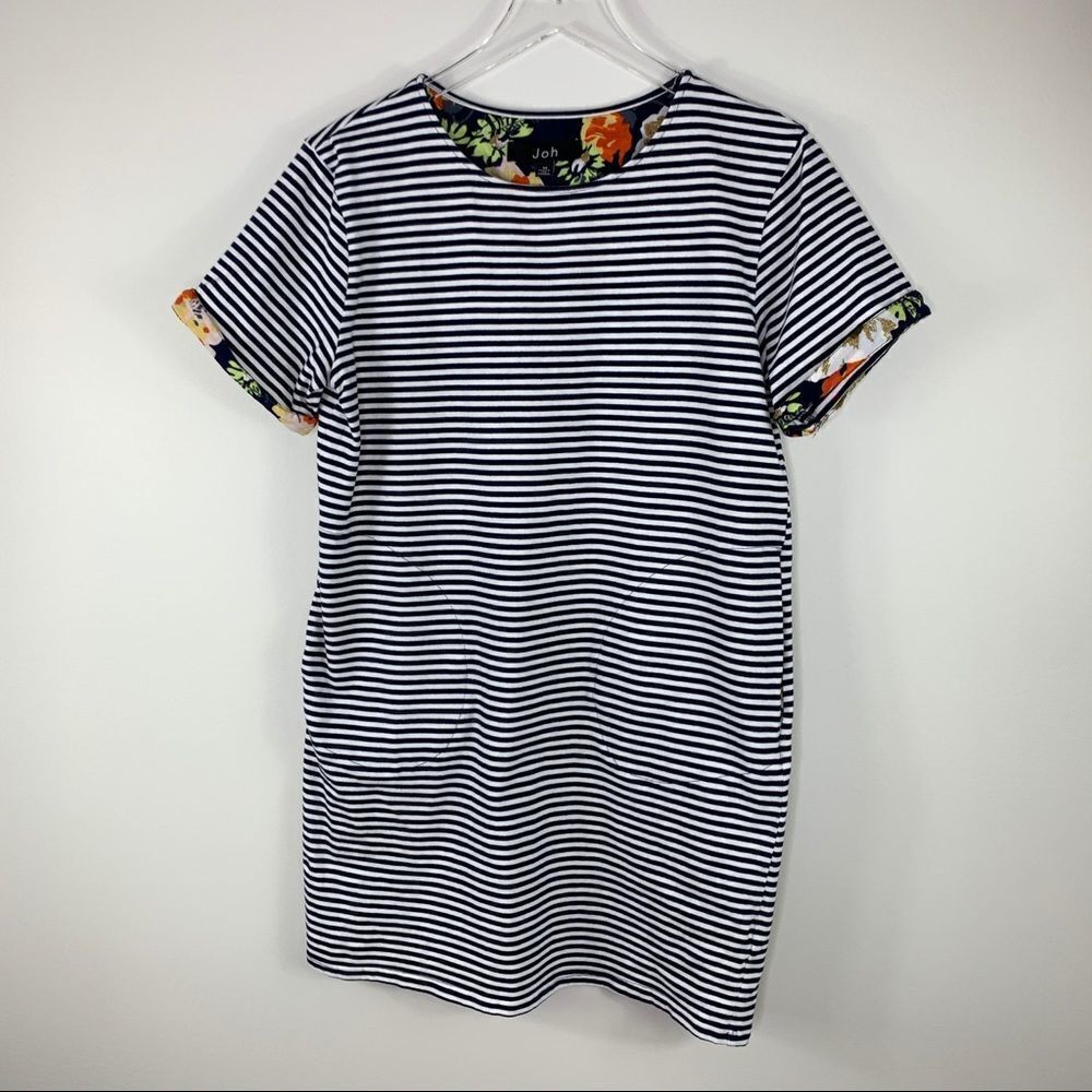 Joh Striped Cotton‎ Blend T-Shirt Dress w/Floral Sleeve Accents Front Pockets